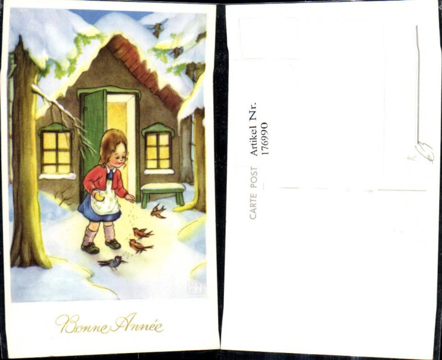 176990,Künstler Ak Mädchen füttert Vögel v. Winterhaus Bonne Annee Weihnachten