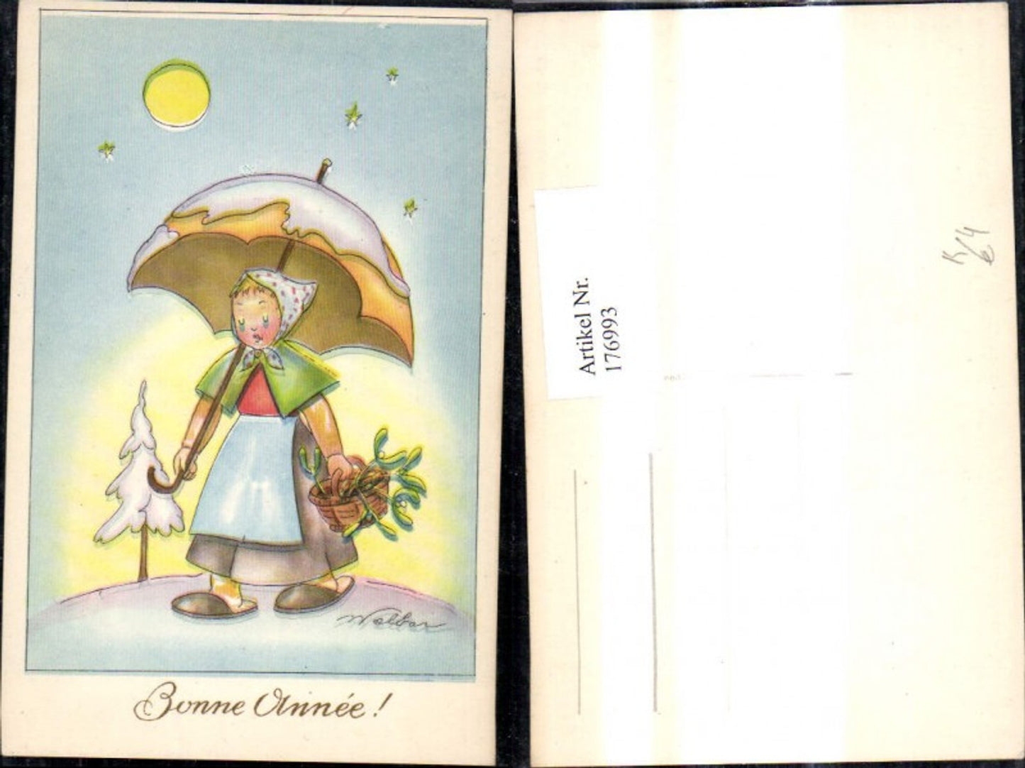 176993,Künstler Ak Frau m. Schirm Mond Sterne Korb m. Misteln Bonne Annee Weihnachten