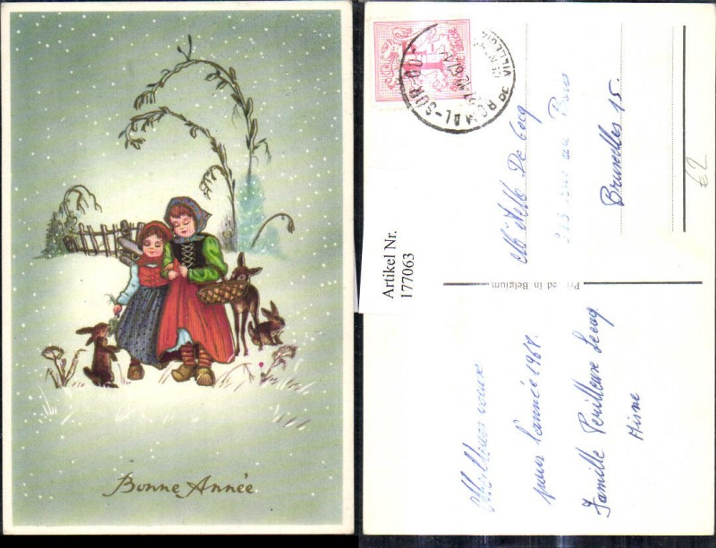 177063,Künstler Ak Mädchen spazieren d. Winterwald Rehe Wild Hasen Bonne Annee Weihnachten
