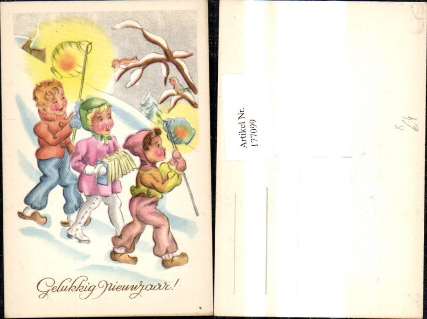 177099,Künstler Ak Kinder gehen m. Laterne Ziehharmoniker d. Winterwald Vögel Gelukkig Nieuwjaar Neujahr