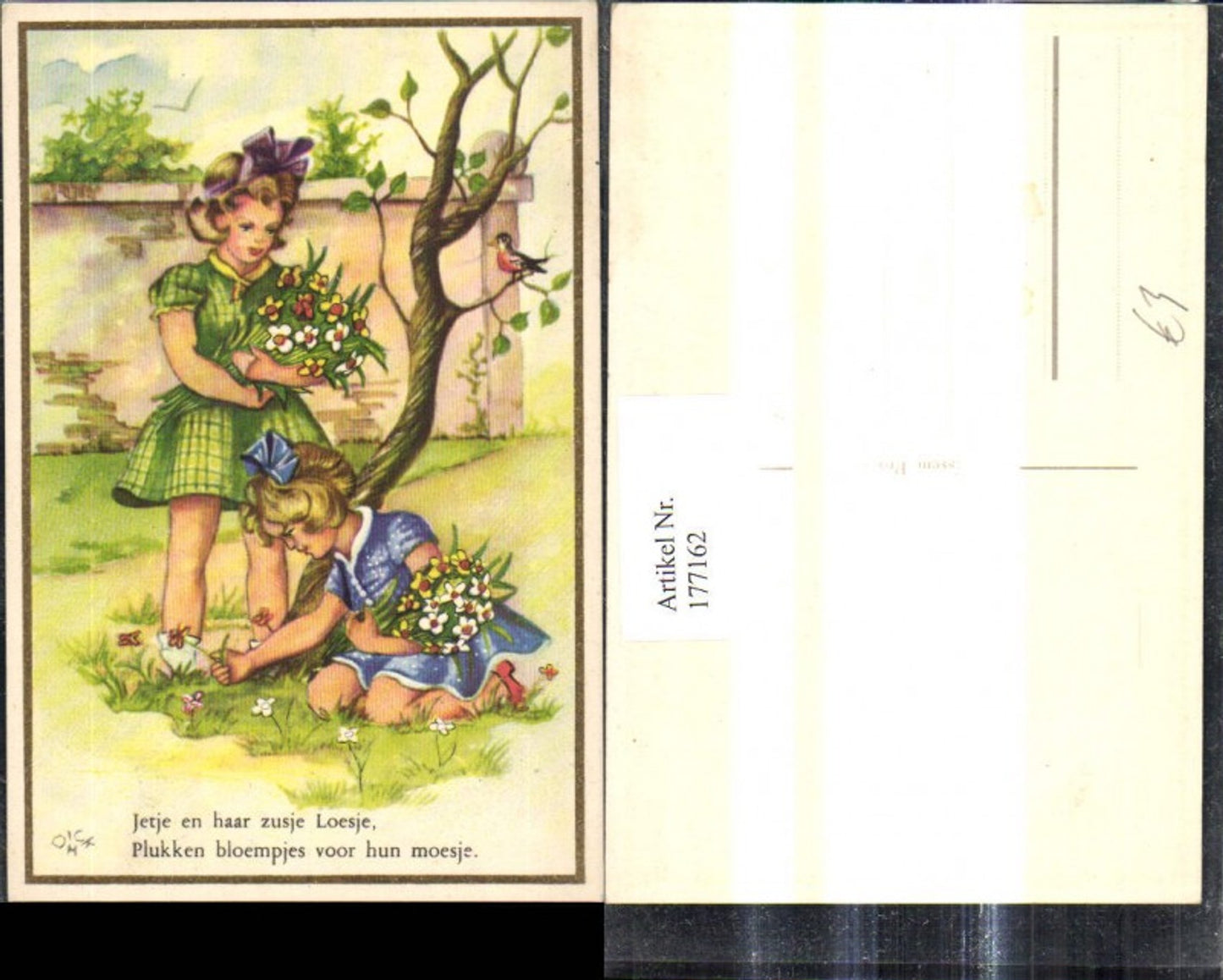 177162,Künstler Ak Mädchen pflücken Blumen Strauß Garten Spruch Text