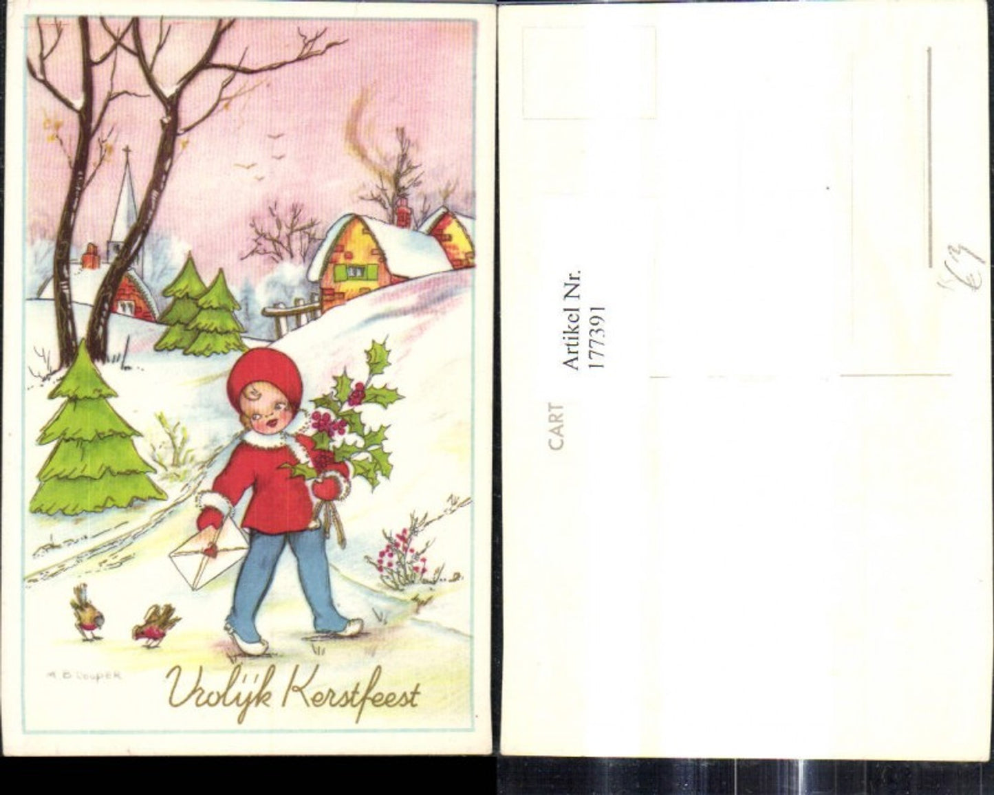 177391, Artist Ak MB Cooper Girl with Letter Envelope Holly Branches Birds Winter Village Merry Christmas