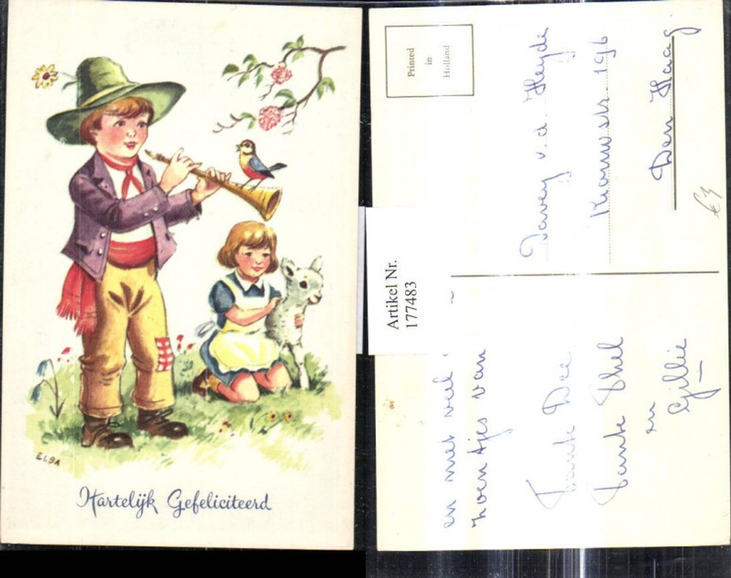 177483,Künstler Ak Elsa Bub Junge m. Hut spielt Flöte Mädchen m. Lamm Vögel Hartelijk Gefeliciteerd