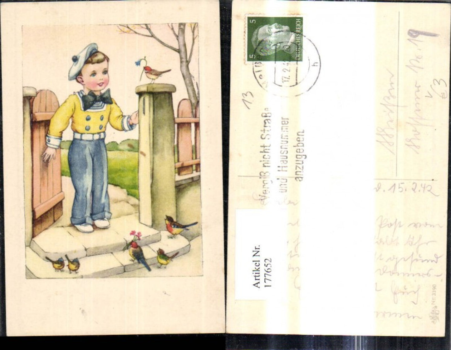 177652,Künstler Ak Bub Junge i. Uniform Matrosenanzug Hut Mütze Gartentor Vögel pub Erika 3390