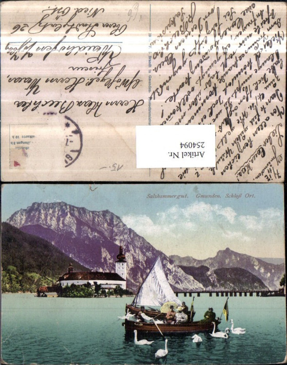 254094,Gmunden Schloss Orth Ort m. Traunstein Ruderboot Segelboot Schwäne pub F. E. Brandt 393