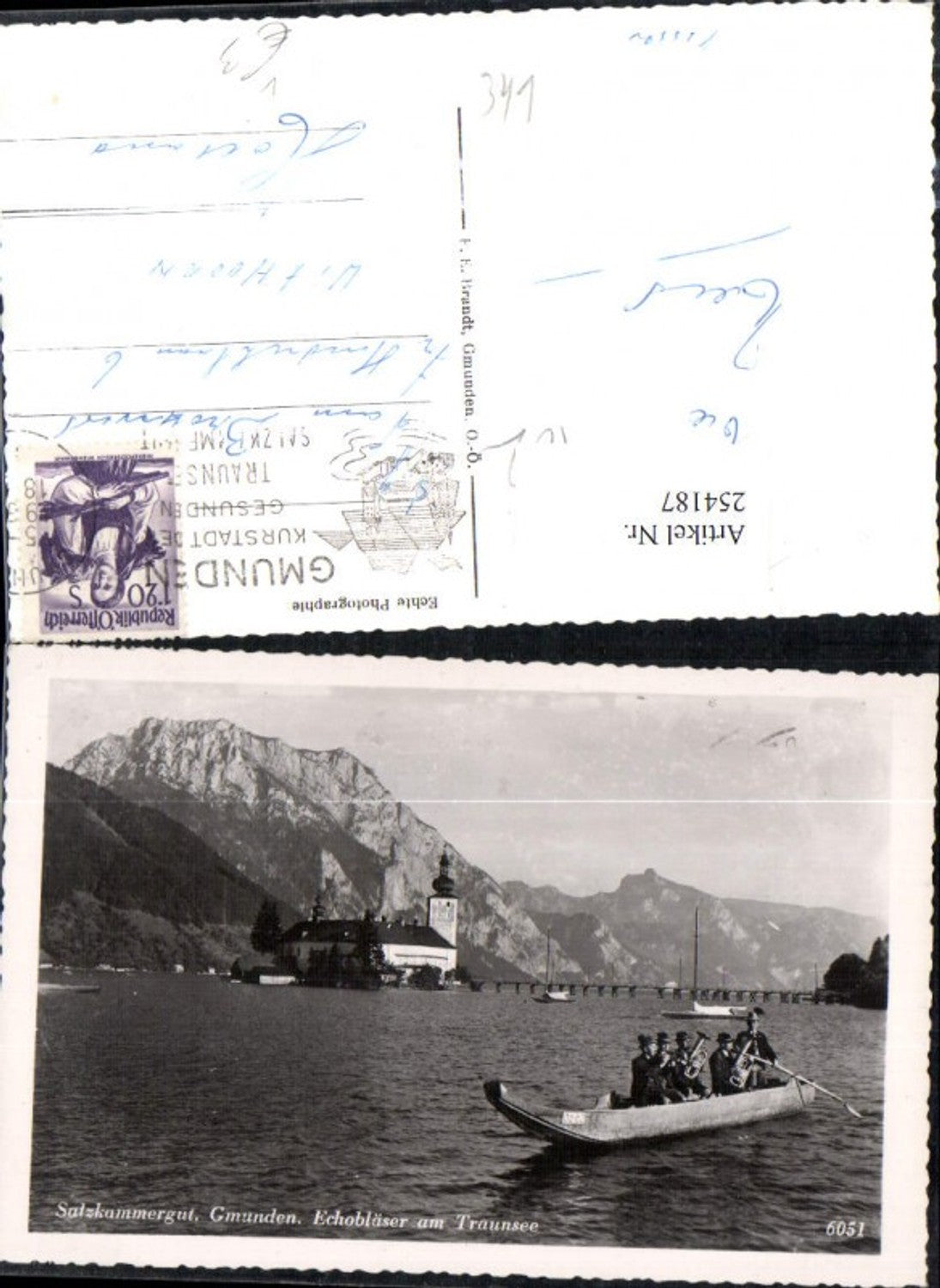 254187,Gmunden Echobläser am Traunsee Ruderboot m. Schoss Ort Orth u. Traunstein pub F. E. Brandt 6051