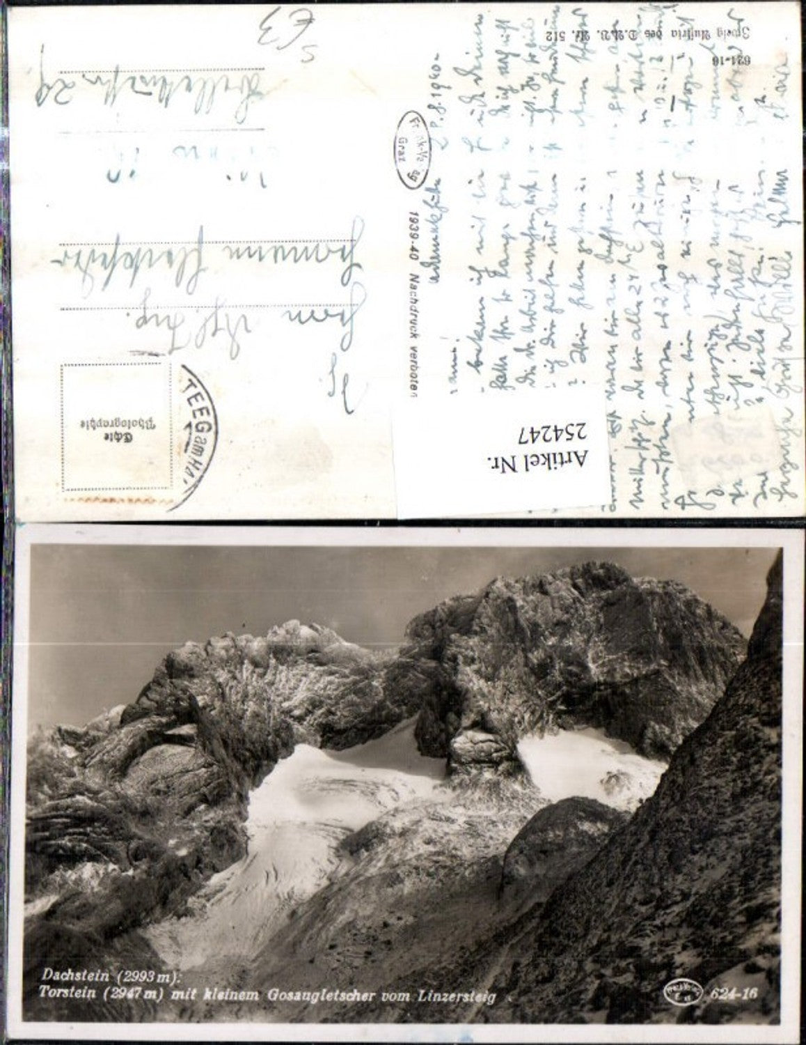254247,Dachstein Torstein m. Kleinem Gosaugletscher v. Linzersteig Bergkulisse Steeg am Hallstättersee Stempel