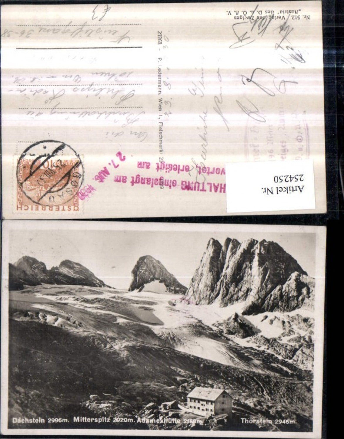 254250,Dachstein Mitterspitz u. Thorstein Adamekhütte Berghütte Bergkulisse b. Gosau
