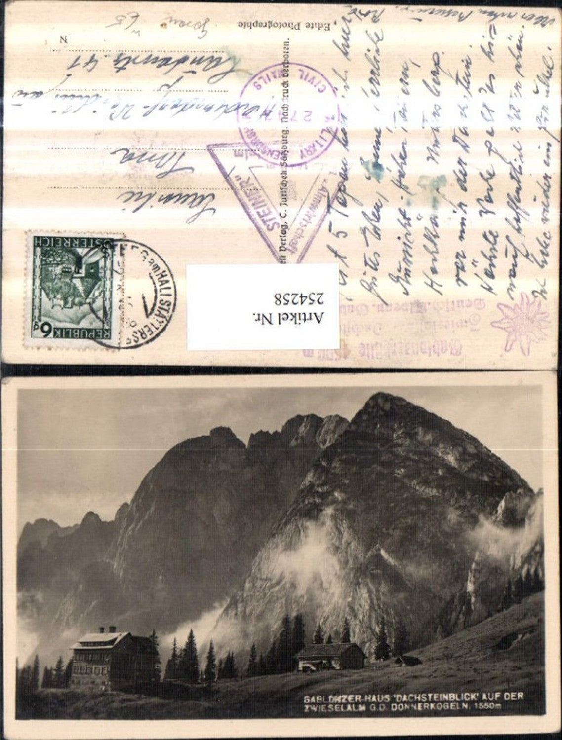 254258,Gablonzer-Haus Dachsteinblick auf d. Zwieselalm geg. d. Donnerkogeln Bergkulisse b. Gosau