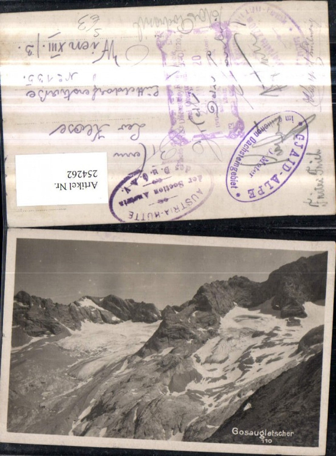 254262,Gosaugletscher Bergkulisse b. Gosau Hüttenstempel Dachstein Riesenhöhle 1920 Stempeln