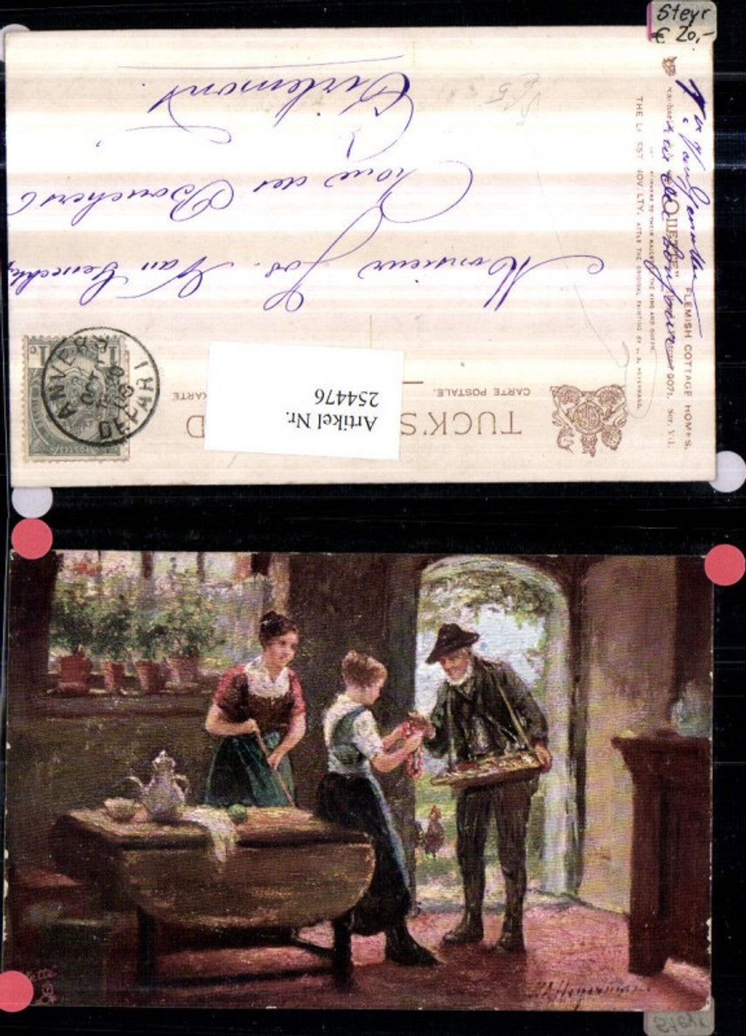 254476,Raphael Tuck & Sons 9071/7 Künstler A. Heyermans Flemish Cottage Homes Frauen Mann m. Hut Tür Tisch Kanne