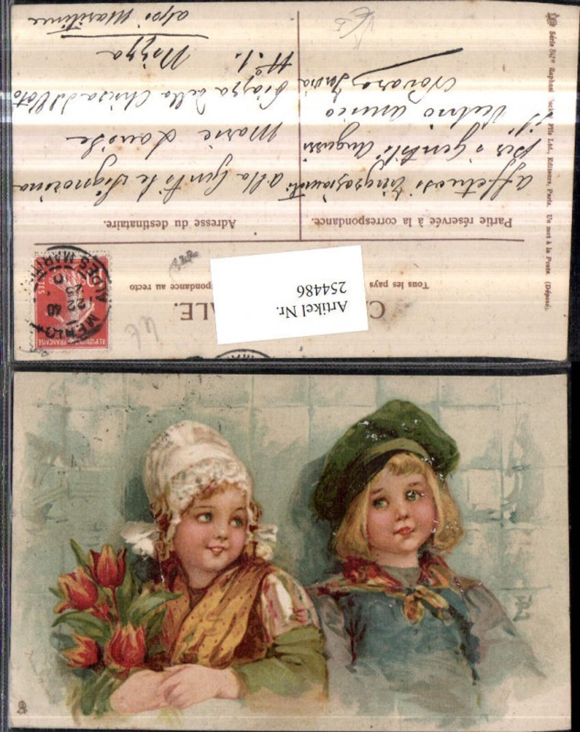 254486,Raphael Tuck & Sons 842 Künstlerkarte Kinder m. Hauben Mütze Tuch Blumenstrauß