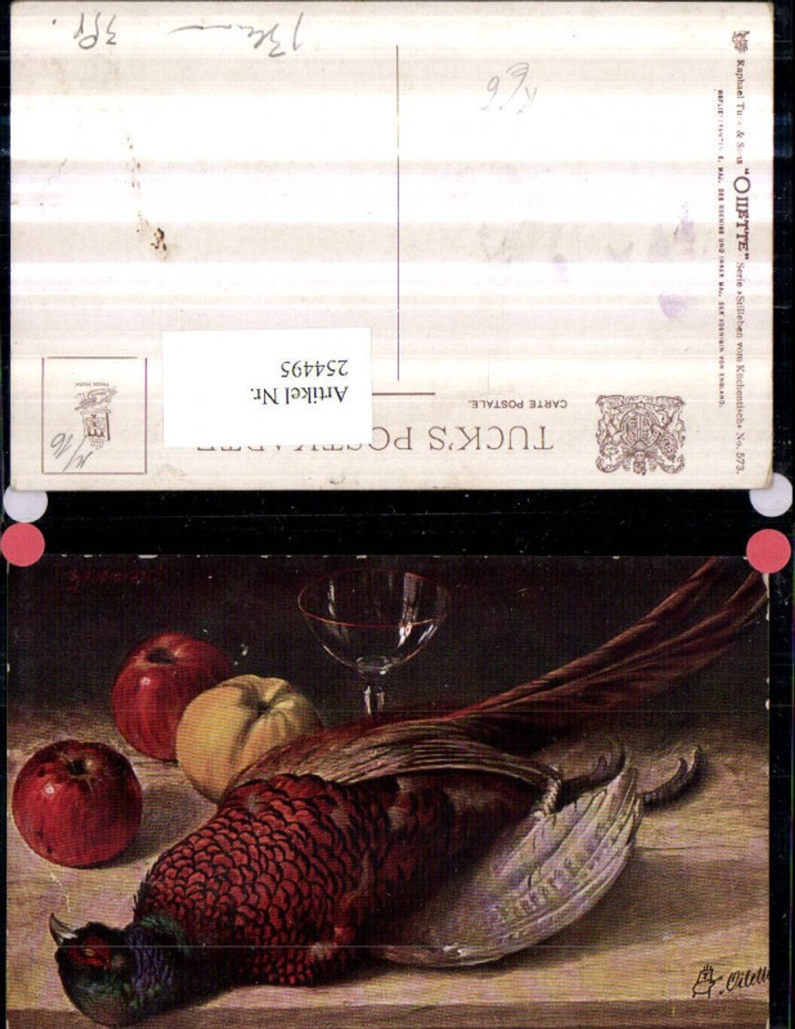 254495, Raphael Tuck & Sons 573 Artist Fritz Hildebrandt Still life from the kitchen table dead pheasant apples glass