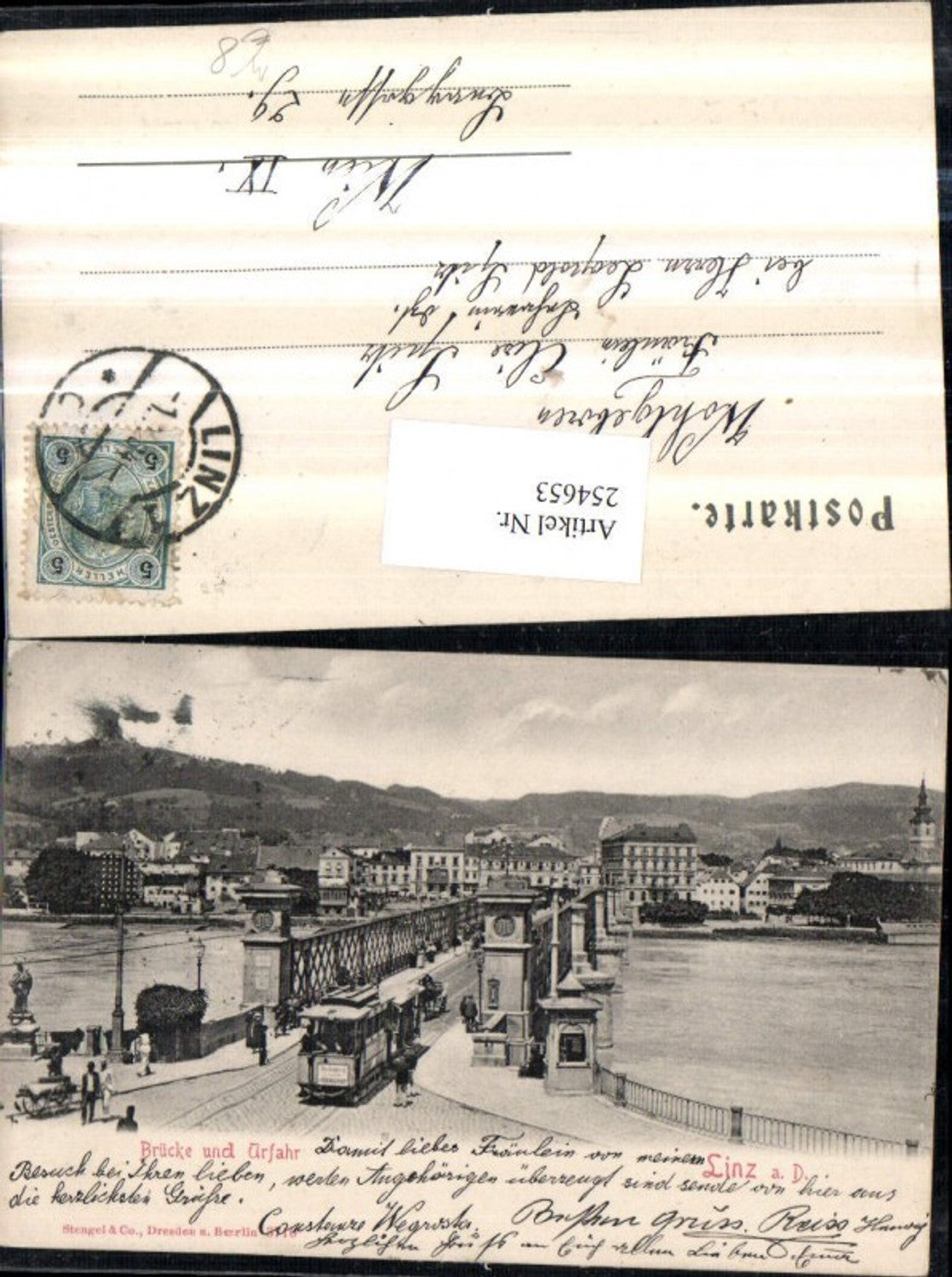 254653,Linz an d. Donau Teilansicht Brücke u. Urfahr Straßenbahn pub Stengel u. Co 3710