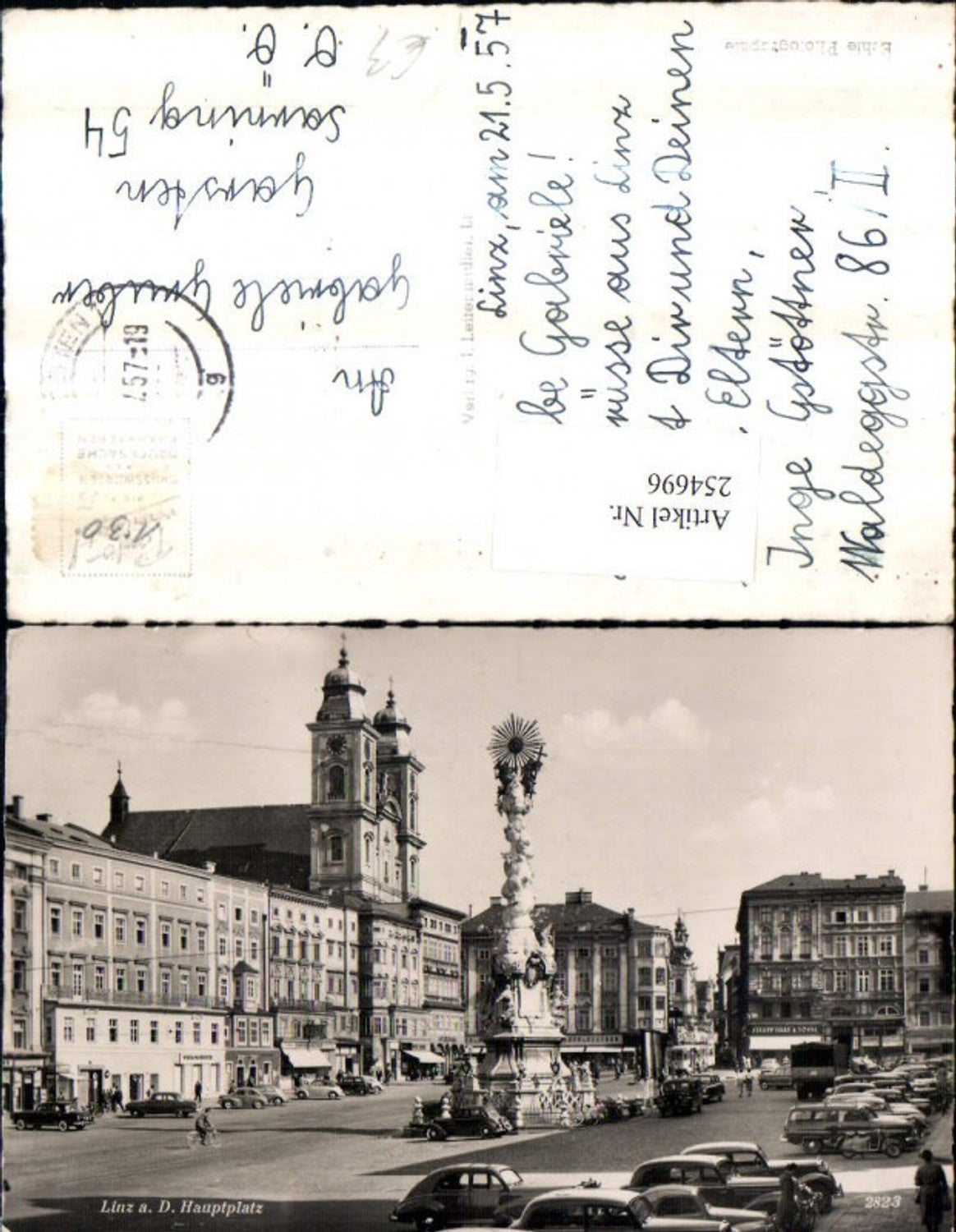 254696,Linz an d. Donau Hauptplatz Dreifaltigkeitssäule Geschäfte Kirche Autos