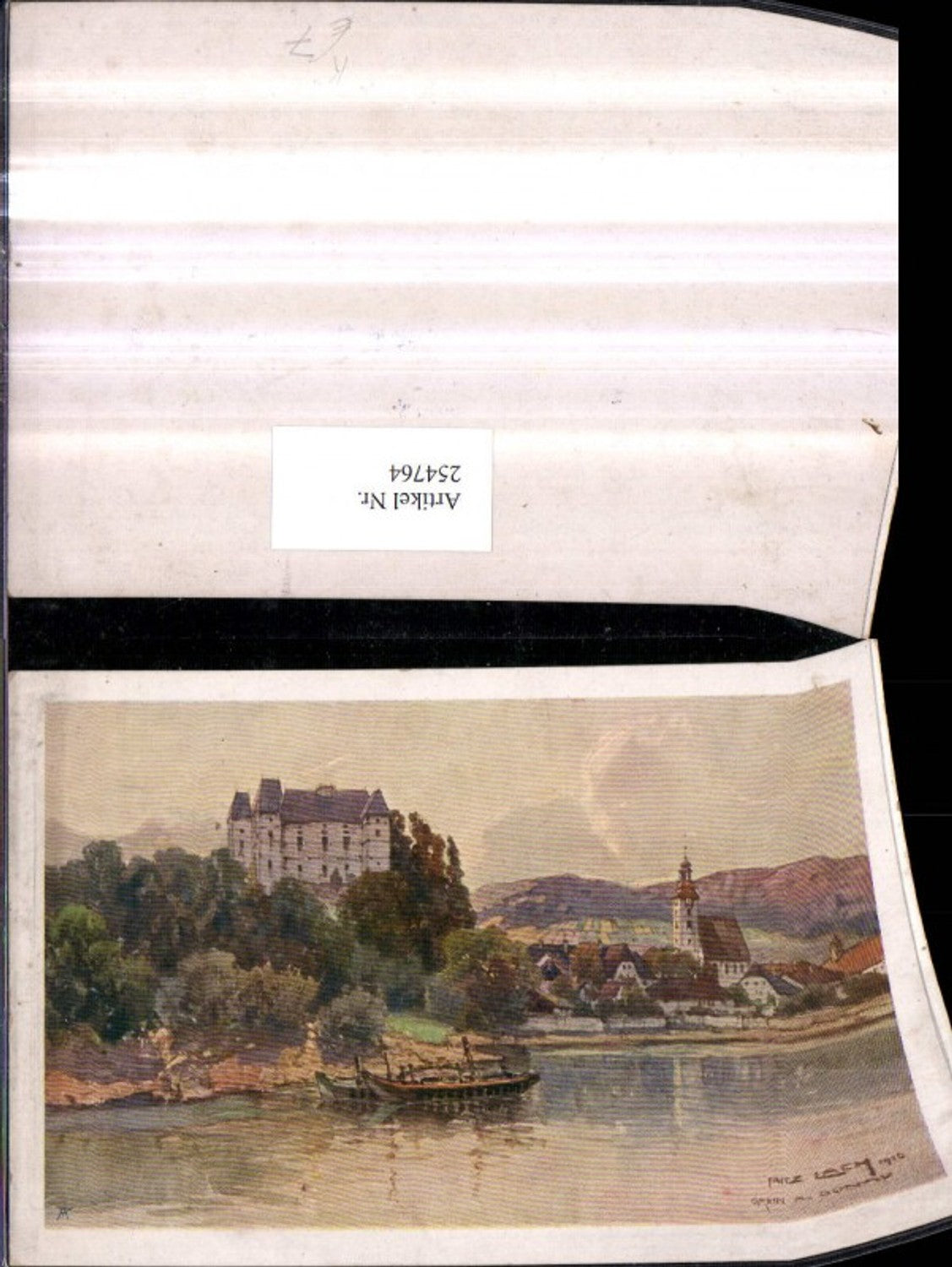 254764,Künstler AK Fritz Lach Grein an d. Donau Teilansicht Kirche u. Burg Schloss