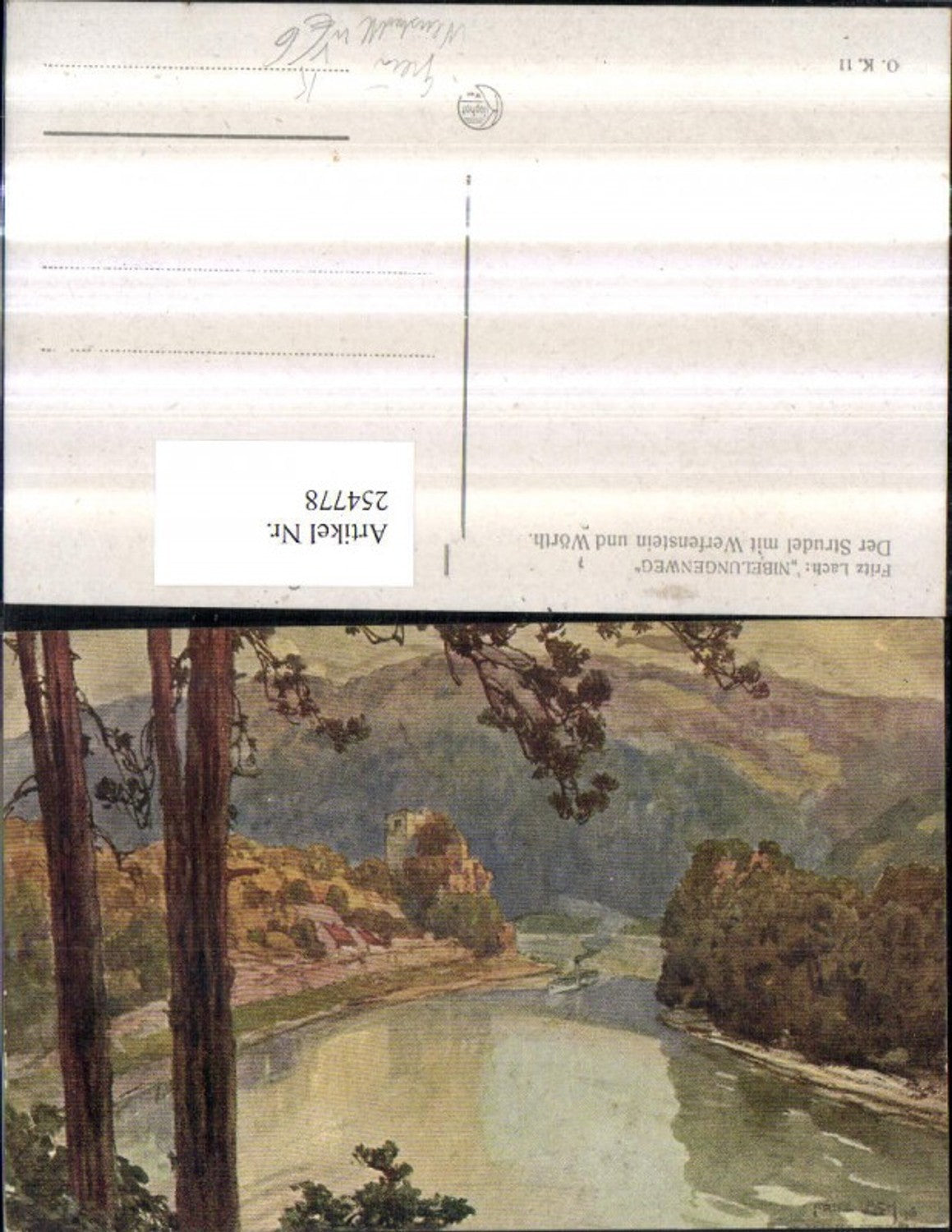 254778,Künstler AK Fritz Lach Nibelungenweg Der Strudel m. Werfenstein und Wörth b. Grein Neustadtl puib Kilophot