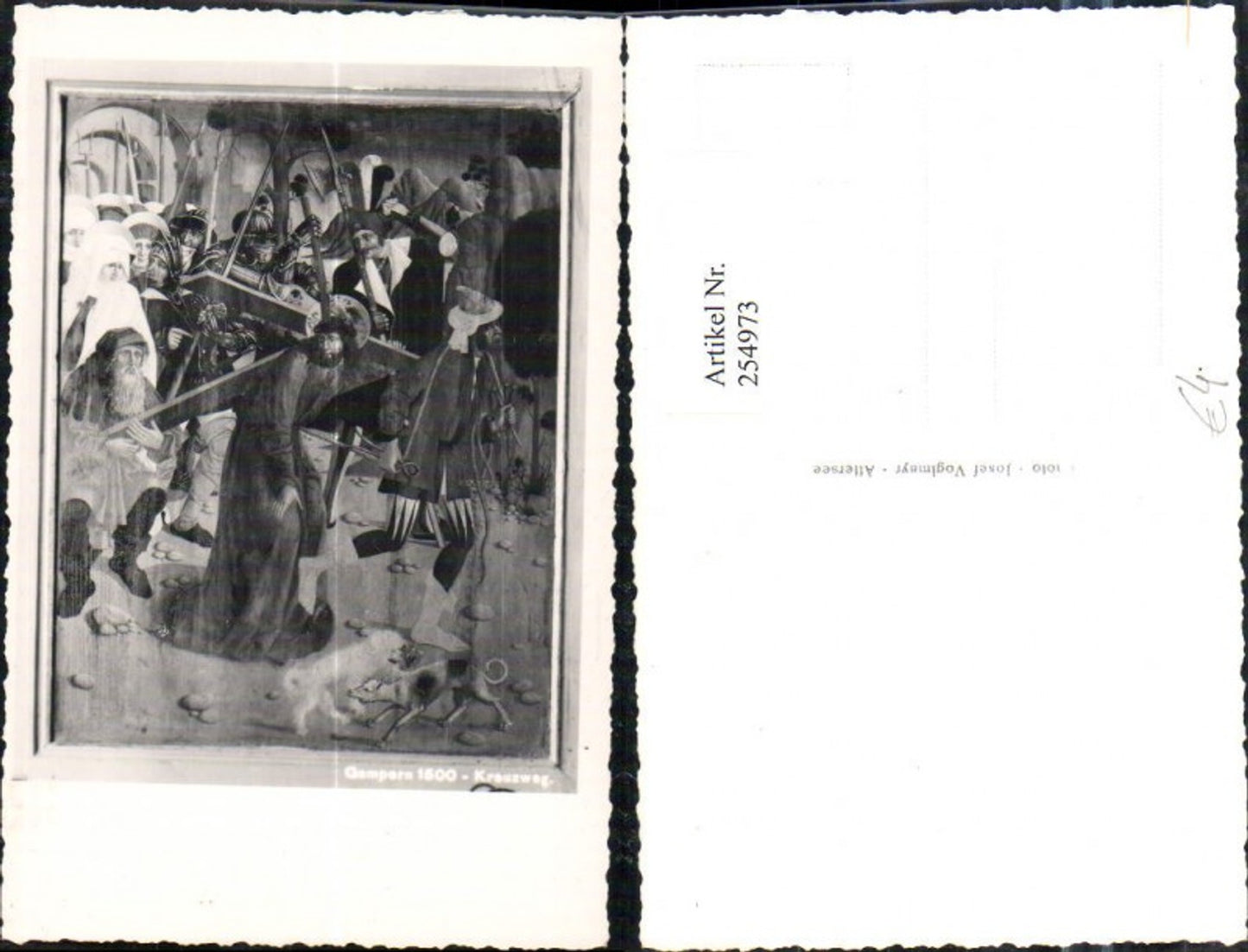 254973,Gampern 1500 Kirche Detailansicht Flügelaltar Bild Kreuzweg Hunde Jesus m. Kreuz