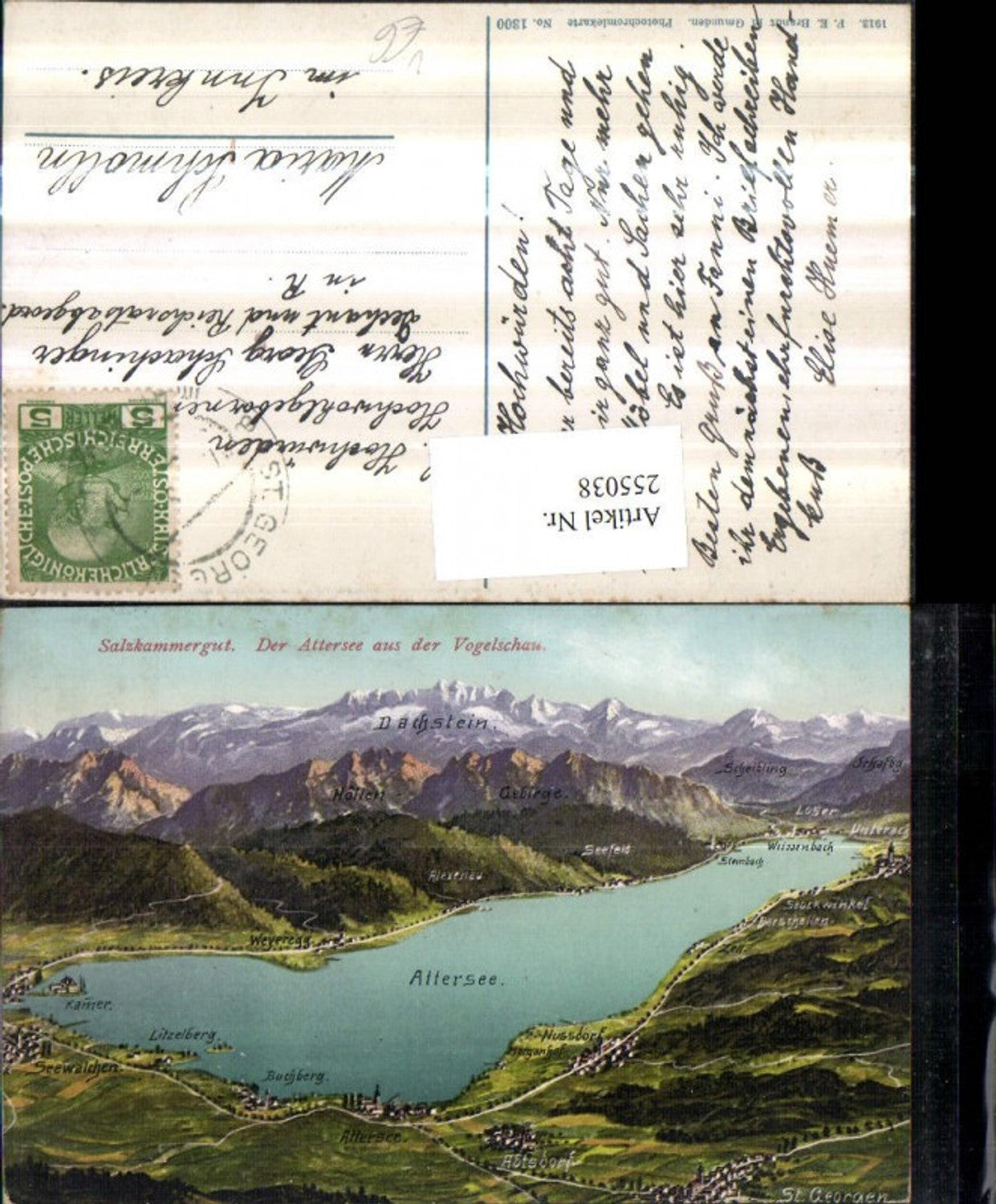 255038,Der Attersee aus d. Vogelschau Totale Nussdorf Buchberg Kamer Kammer Weyeregg Weißenbach Unterach pub F. E. Bran