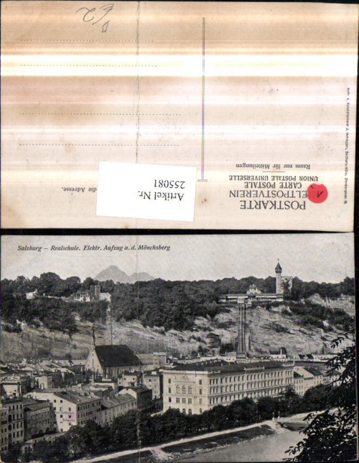 255081,Salzburg Teilansicht Realschule Kirche u. Elektrischer Aufzug auf d. Mönchsberg