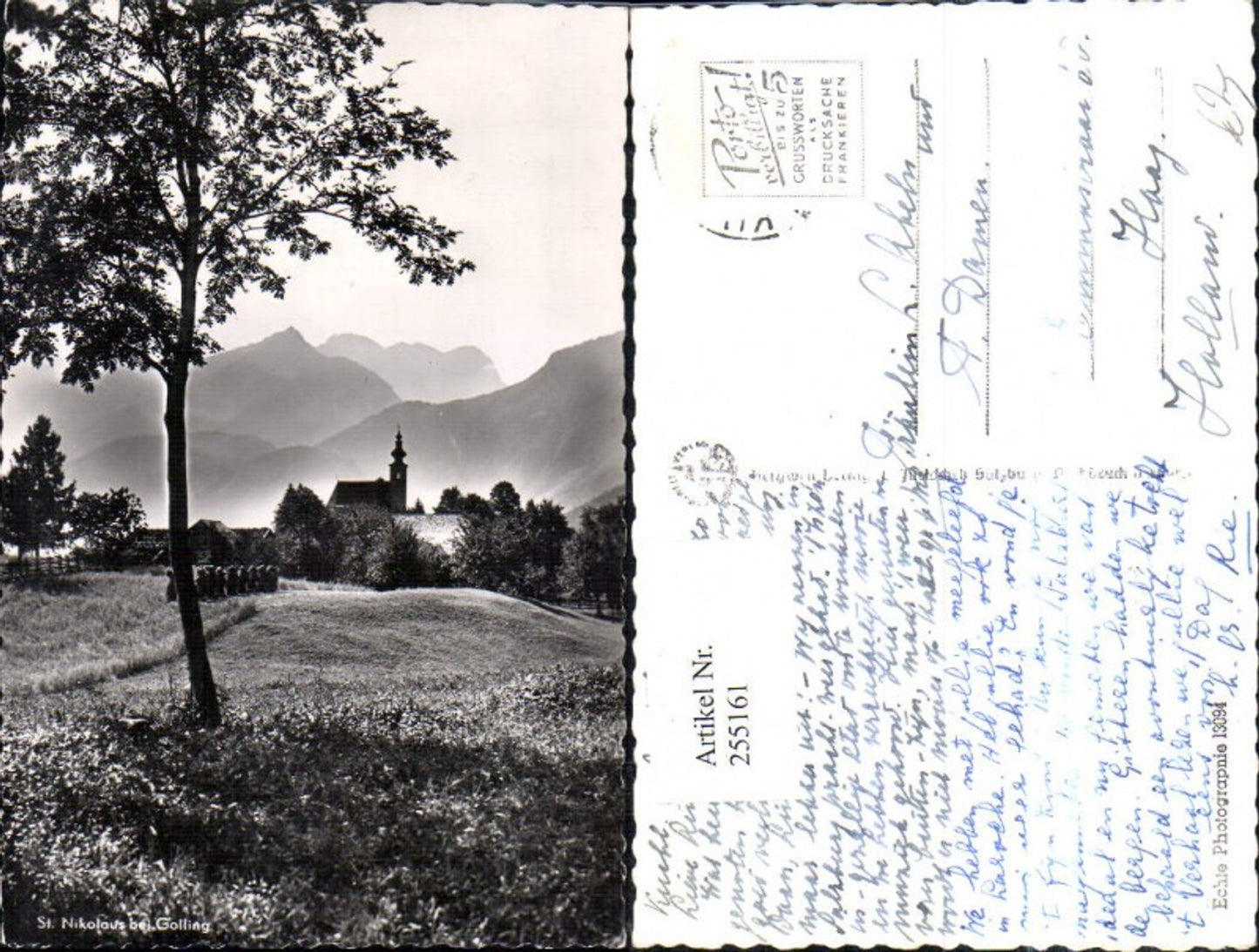 255161, St. Nikolaus near Golling, view of church and mountain scenery