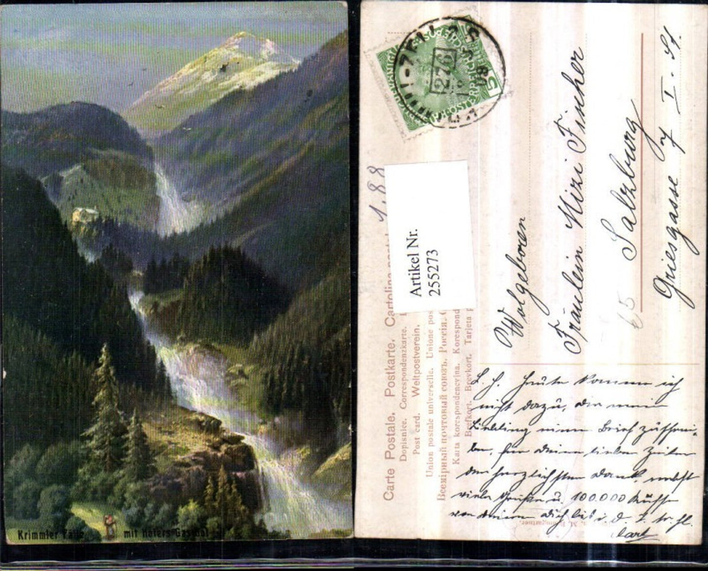 255273,Künstler AK M. Baumgartner Krimmler Fälle m. Hofers Gasthof Bergkulisse b. Krimml