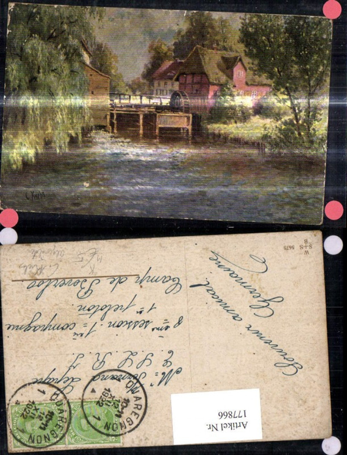 177866, Artist Ak C. Krebs, Oil painting, Watermill, Waterwheel
