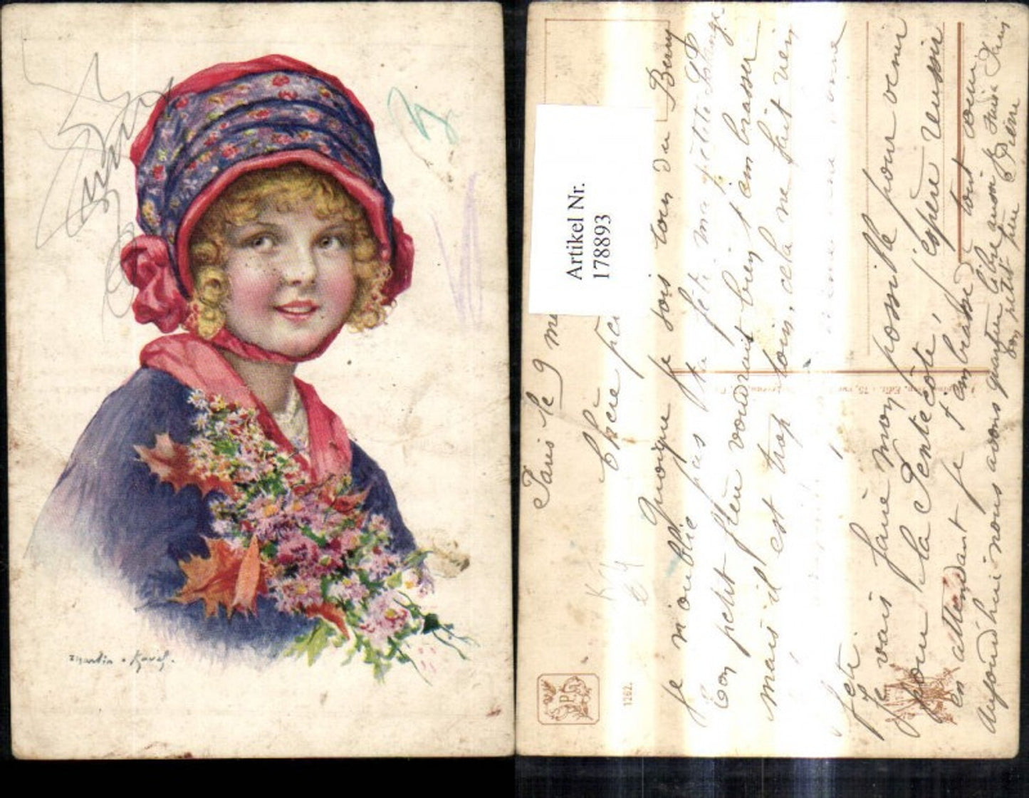 178893,Künstler Ak Mädchen m. Hut Haube Blumen Strauß Portrait