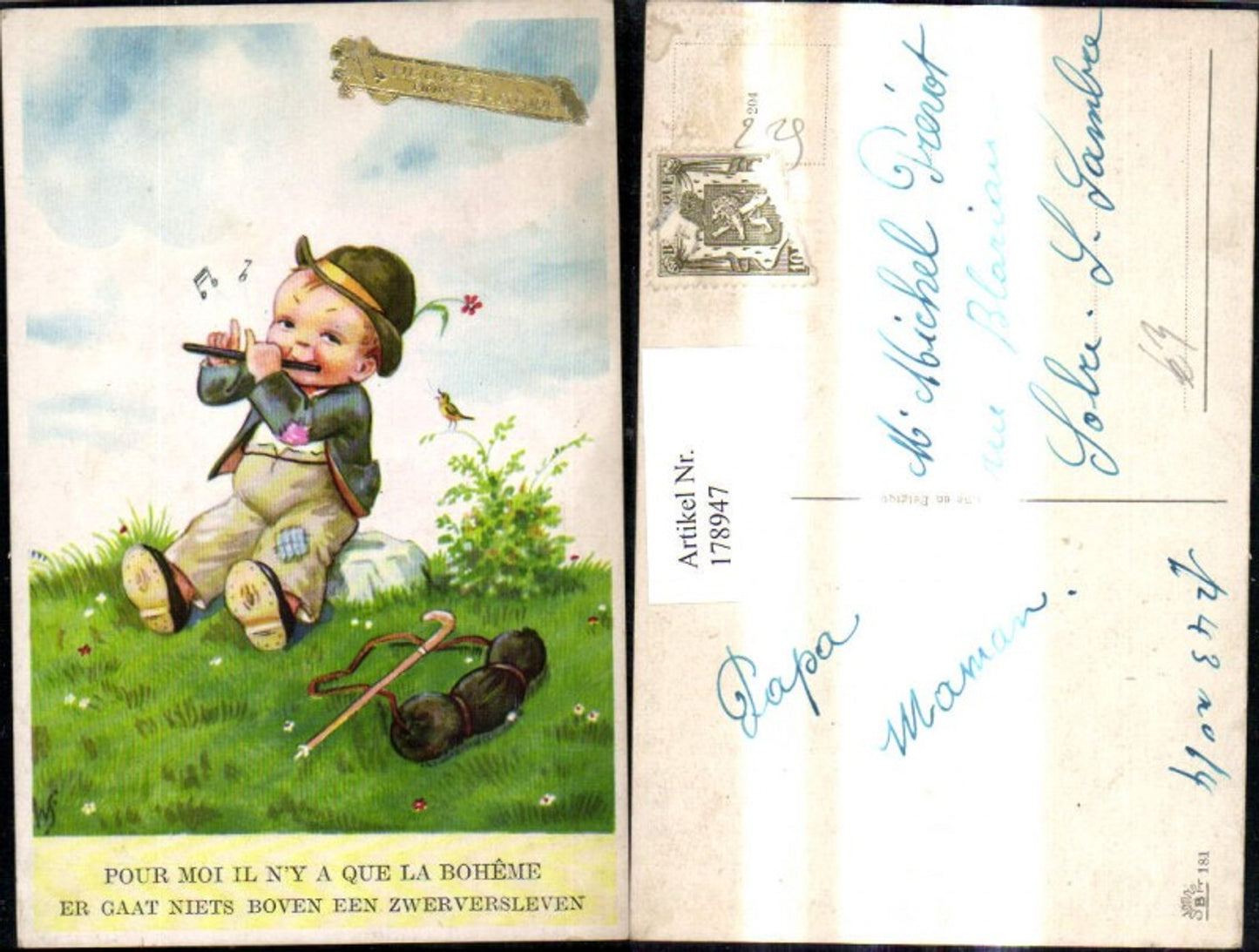 178947,Künstler Ak Bub Junge spielt Flöte a. Wiese Wanderstock Spruch Text
