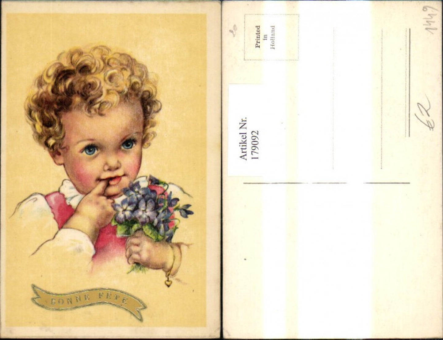 179092,Künstler Ak Mädchen m. Daumen i. Mund Blumen Veilchen Strauß Bonne Fete