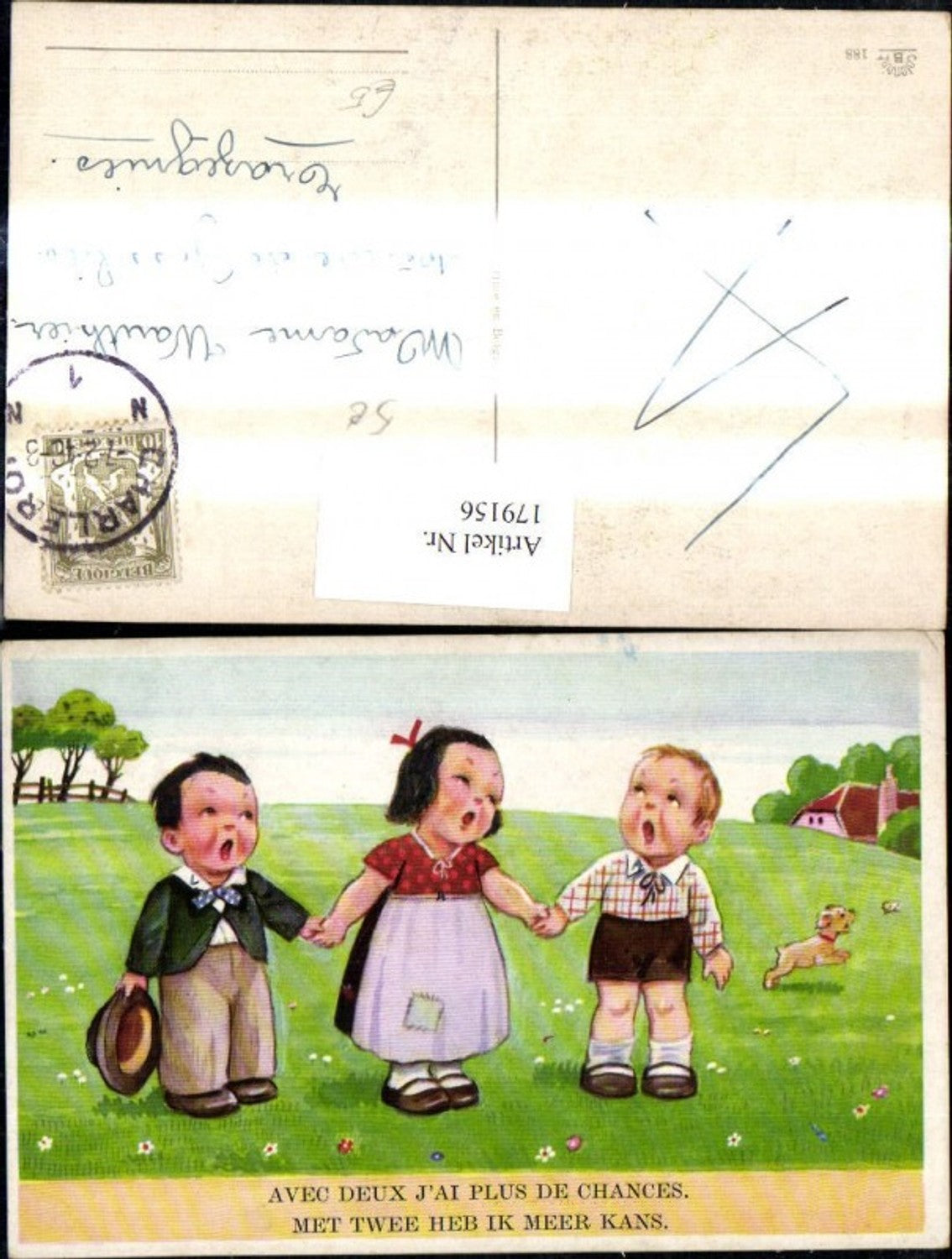 179156,Künstler Ak Kinder singen a. Wiese Hund Schmetterling Spruch Text