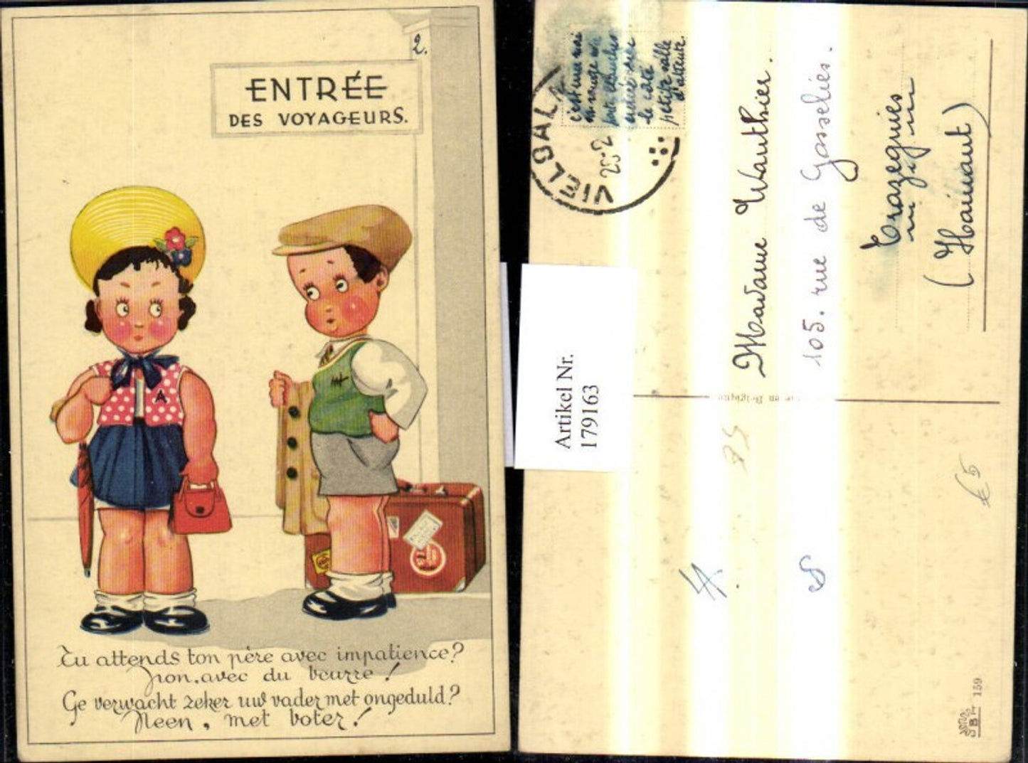 179163,Künstler Ak Kinder m. Koffer Schirm Hut Entree des Voyageurs Spruch Text