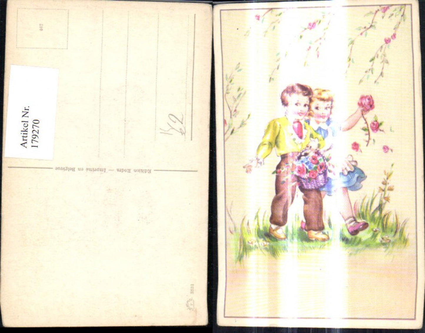 179270,Künstler Ak Kinder spazieren m. Blumenkorb Blumen Wiese Rosen