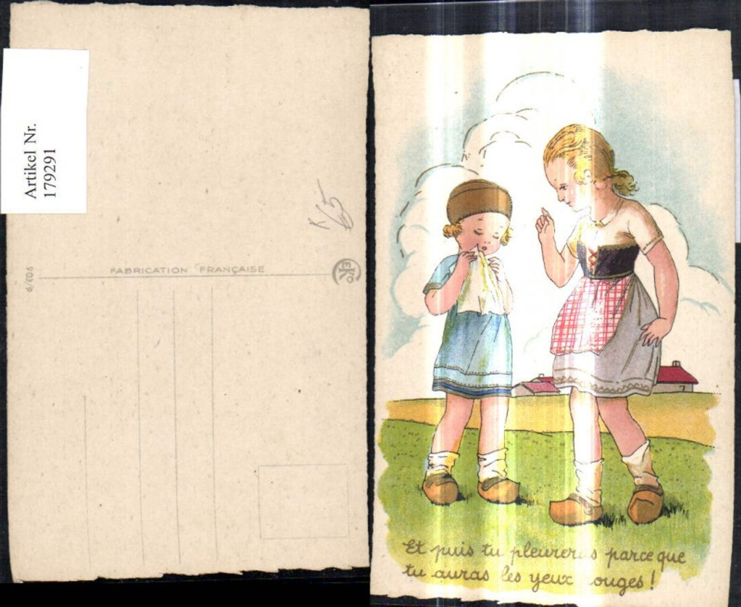 179291,Künstler Ak Kinder Mädchen Holzschuhe Taschentuch a. Wiese Spruch Text