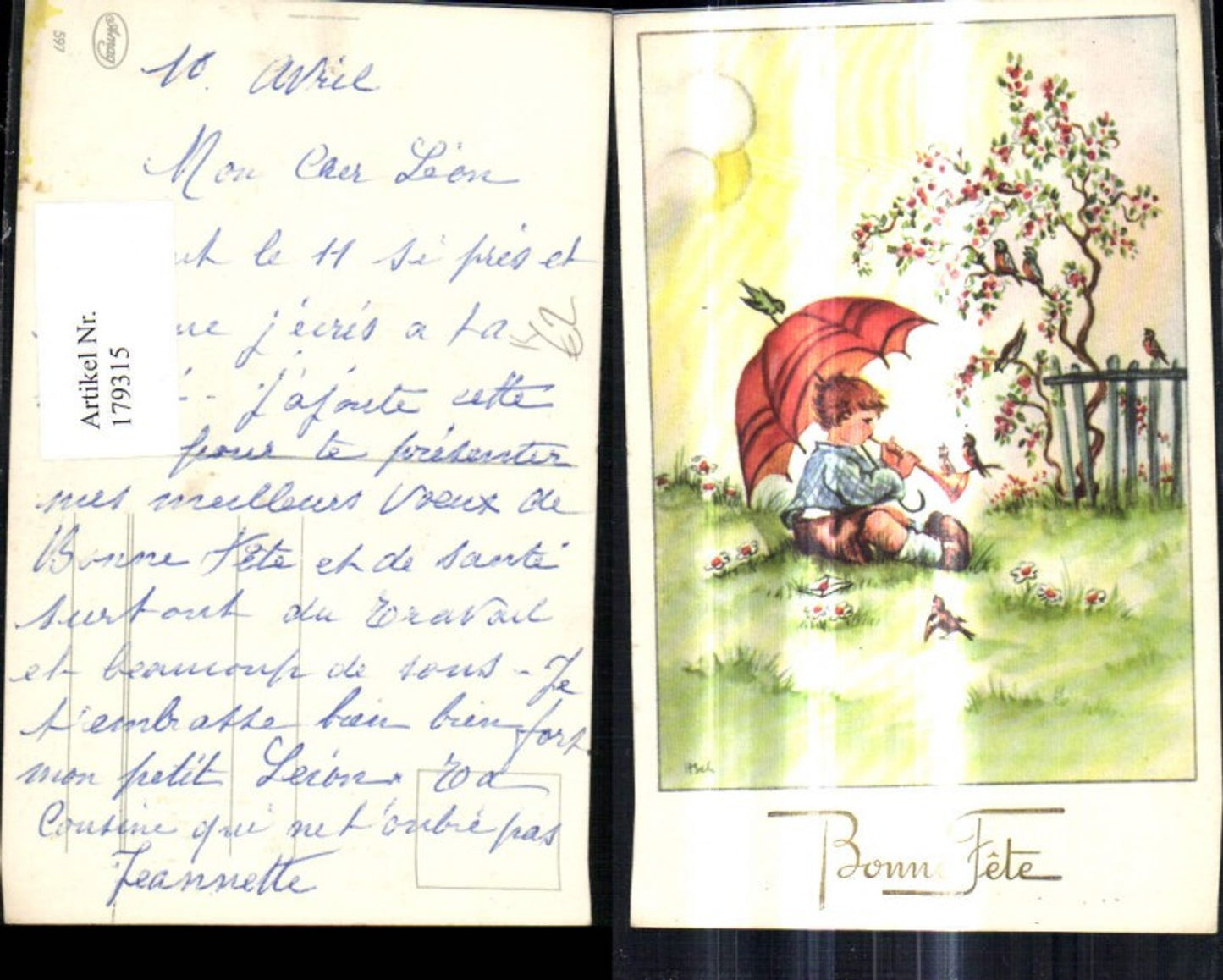 179315,Künstler Ak Bub Junge spielt Tröte Schirm Vögel Bonne Fete
