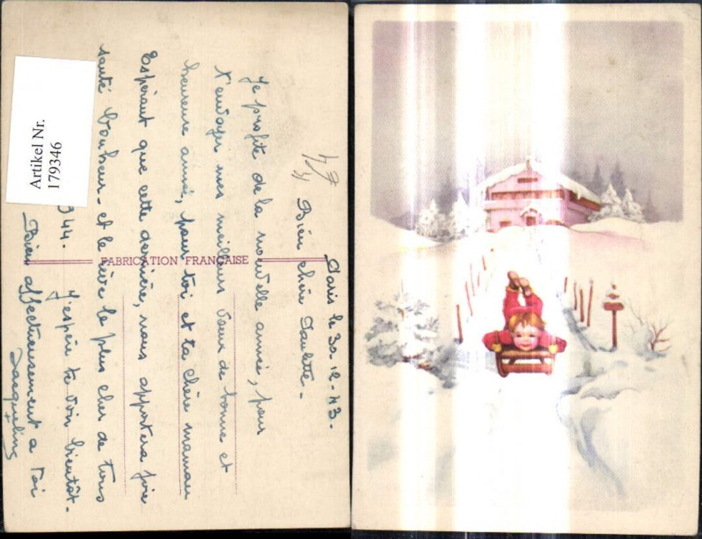 179346,Künstler Ak Bub Junge fährt Schlitten Rodel Haus Winterlandschaft Schlittenfahren