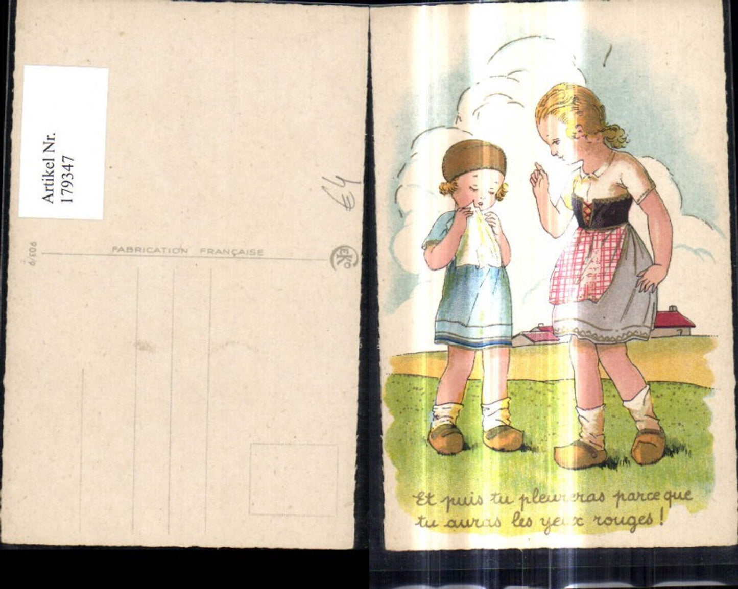 179347,Künstler Ak Kinder Mädchen Holzschuhe Taschentuch a. Wiese Spruch Text