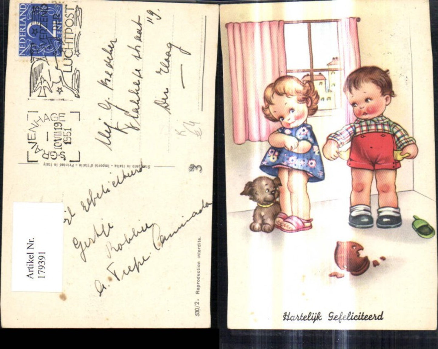 179391,Künstler Ak Mädchen m. Hund Bub m. leeren Taschen Hartelijk Gefeliciteerd