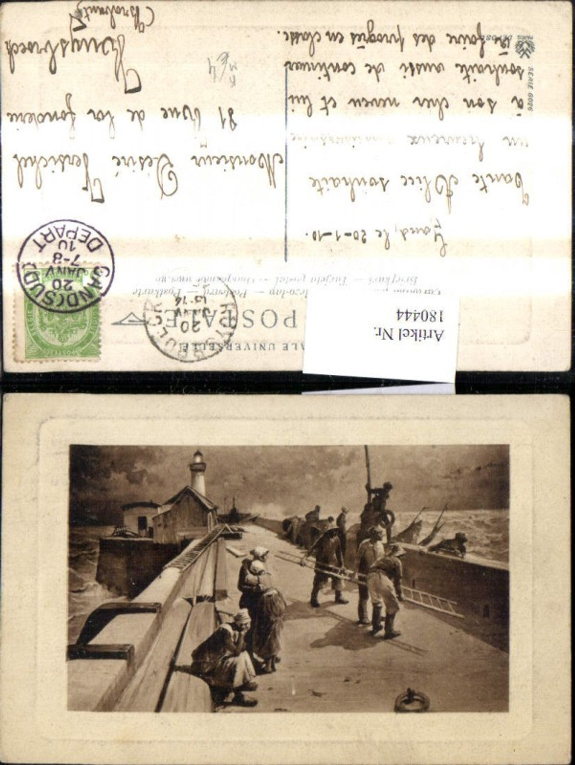 180444,Künstler Ak Leuchtturm Hafen Männer Kai Sturm Passepartout