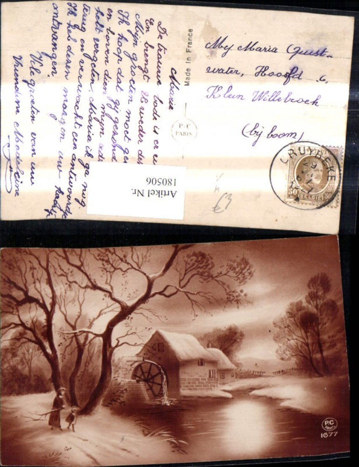 180506, Artist Ak Watermill Woman with Child Winter Landscape pub P. C Paris 1677