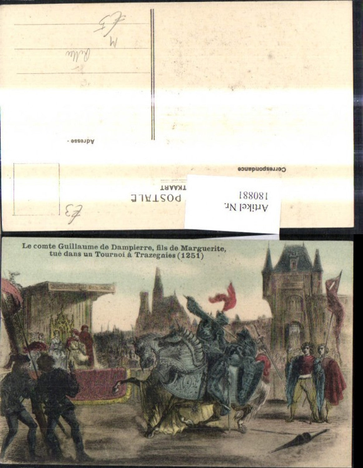 180881,Künstler Ak Le comte Guillaume de Dampierre fils de Marguerite tue dans un Tournoi a Trazegnies 1251 Ritter