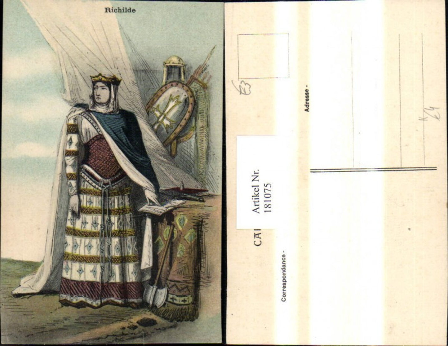 181075,Künstler Ak Richilde Frau Krone Rüstung Ritter i. Hintergrund