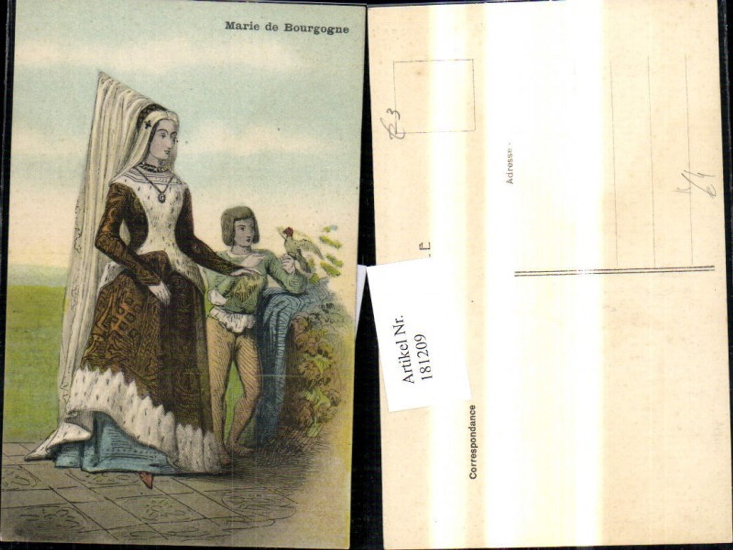 181209,Künstler Ak Marie de Bourgogne Frau Lady Hut Spitzhut m. Bub Junge Vogel