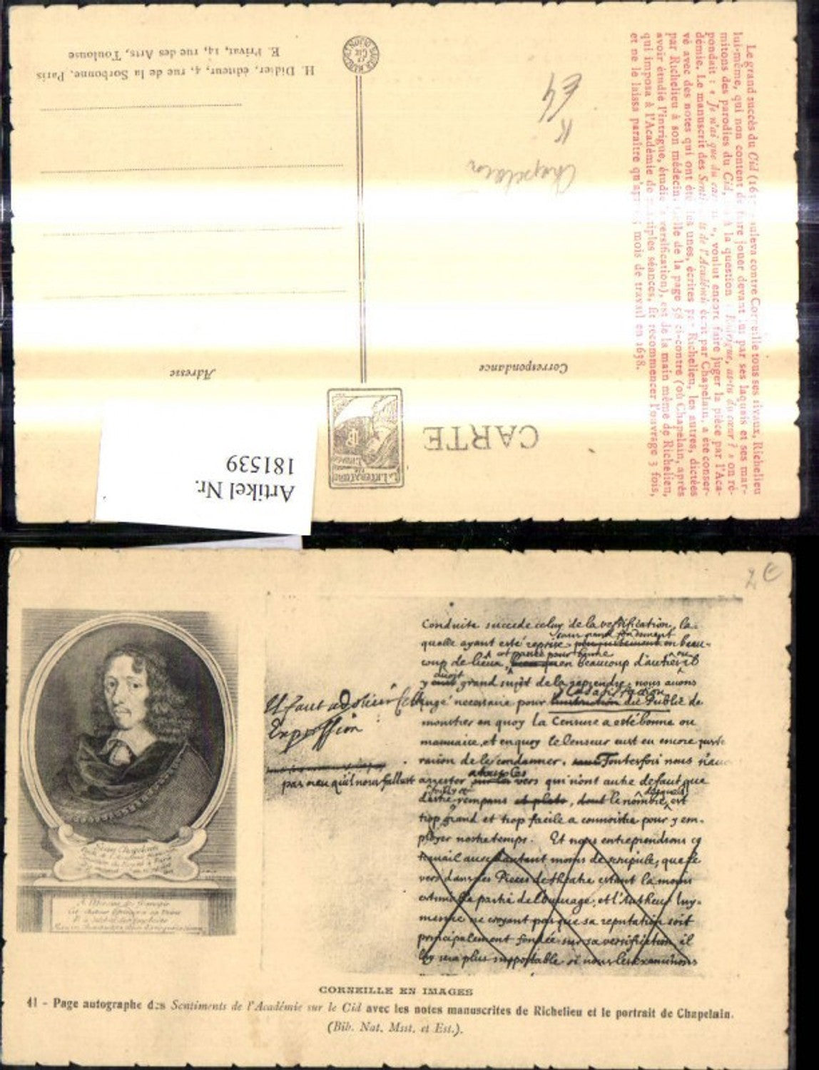181539,Künstler Ak Page autographe avec les notes manuscrites de Richelieu et le portrait de Chapelain