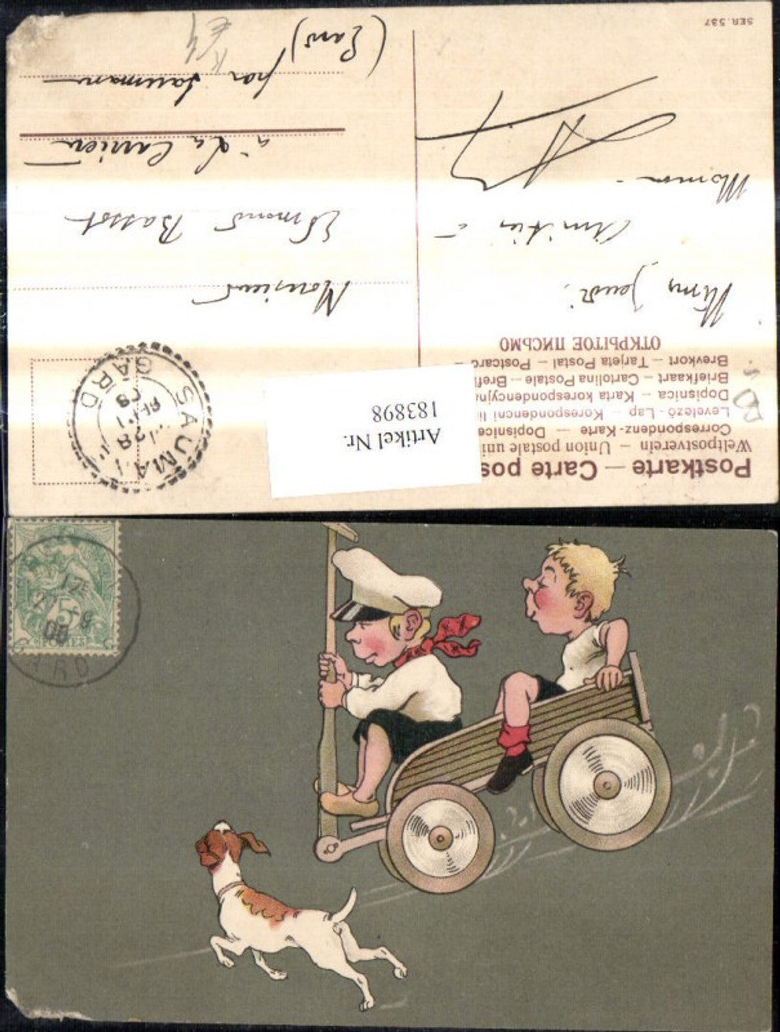 183898,Künstler Ak Buben Jungen fahren Leiterwagen Hund Hut
