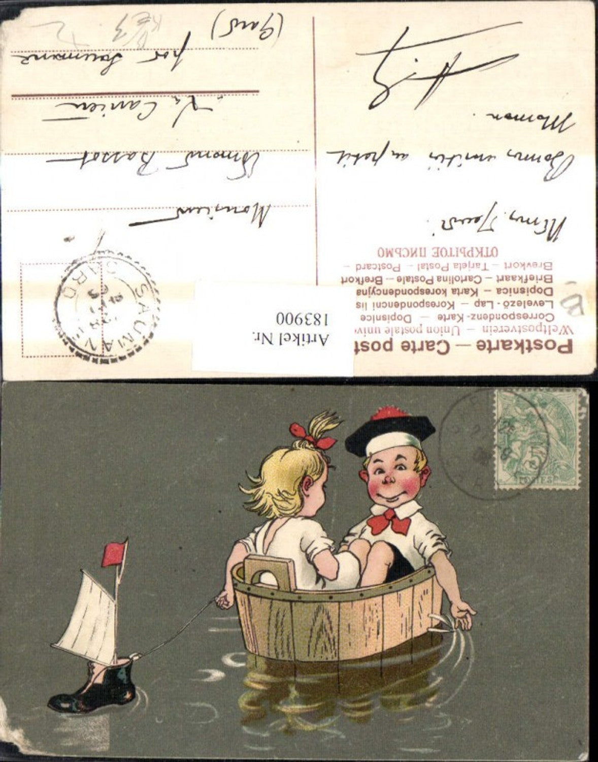 183900,Künstler Ak Kinder i. schwimmenden Trog Schuh a. Segelboot Uniform