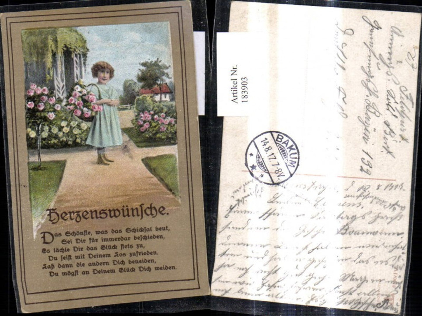 183903,Künstler Ak Mädchen m. Rosenkorb Blumen Rosen Spruch Text Herzenswünsche Passepartout