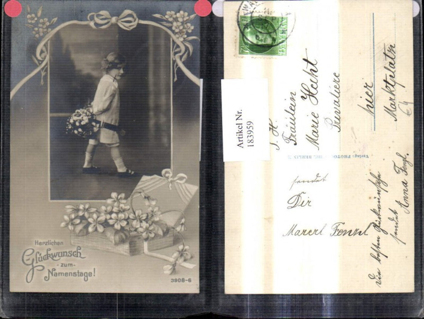 183959,Mädchen Kind m. Korb Blumen Rosen Passepartout Schachtel Klee Namenstag