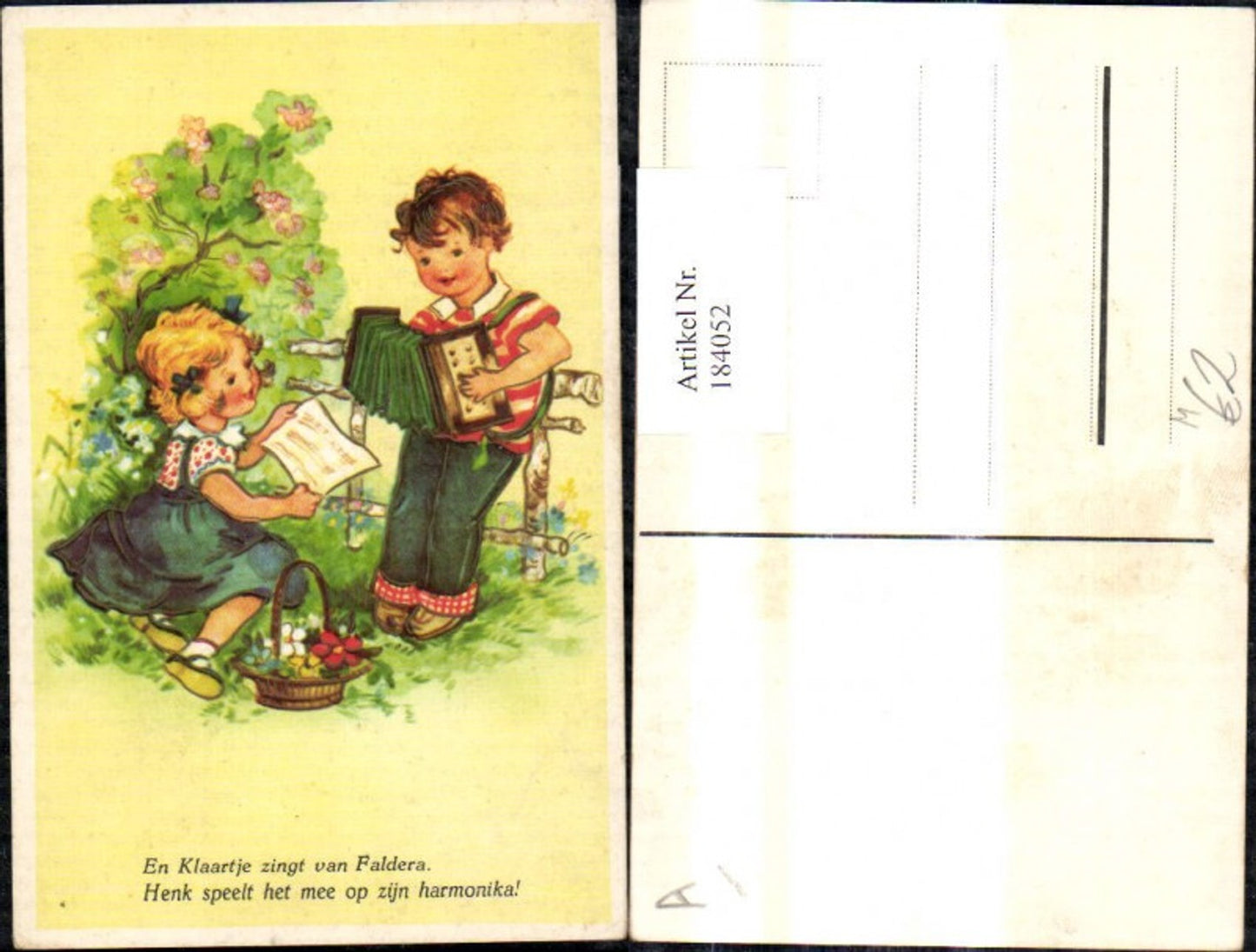 184052, Artist Ak Children sing and play accordion Flower basket Fence Saying Text