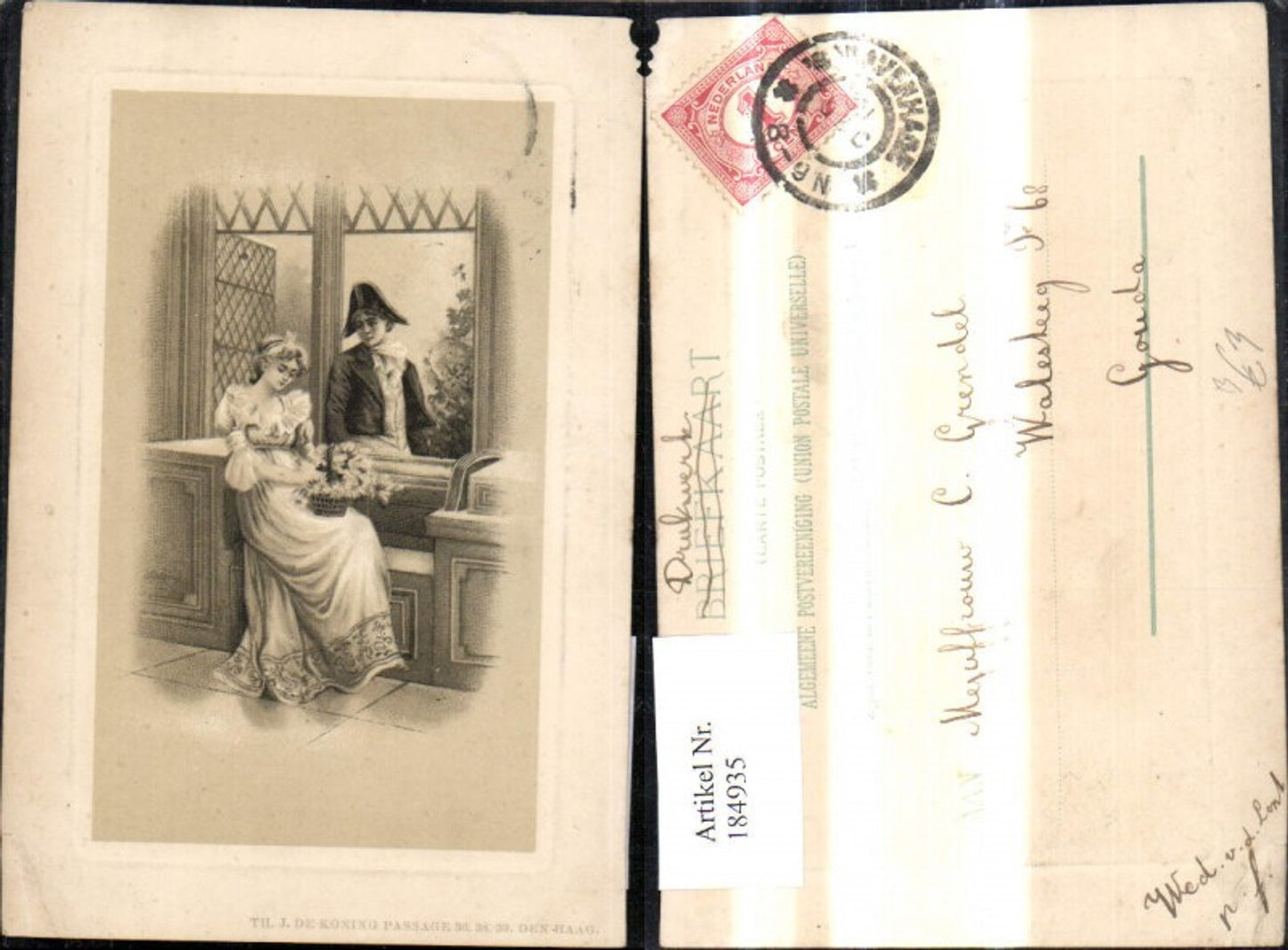 184935,Künstler Ak Paar Liebe a. Fenster Korb m. Blumen Präge Passepartout